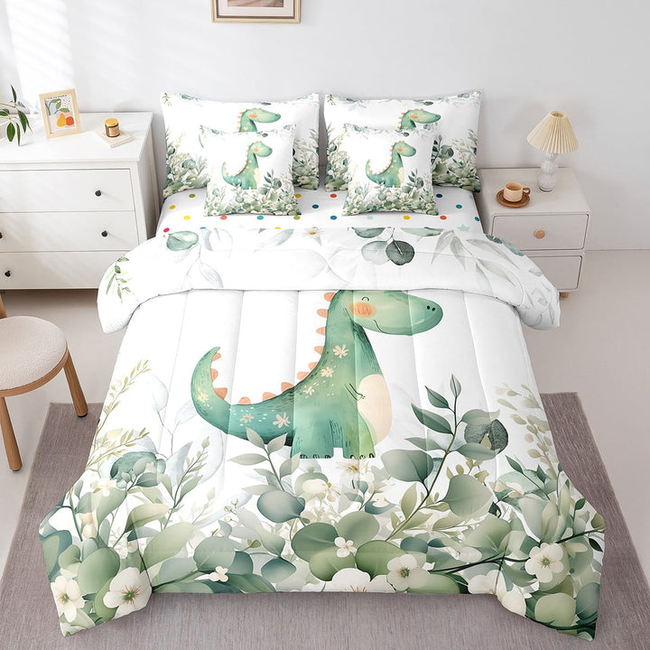 7-Piece Cartoon Dinosaur Bedding Twin Woodland Wildlife Dino Comforter Set, Bedding Comforter Sets Eucalyptus Leaf Bed in a Bag, Jungle Animal Theme Bedding Accessories Room Decor