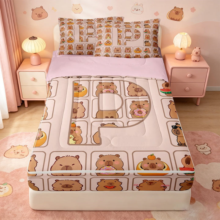 meiyoeat meiyoeat Personalized Capybara Monogram Themed Zipper Twin Comforter Sets with Fitted Sheet and 2 Pillowcases,Initial Letter Print P Zipper Bedding Set,Pink Reversible,4 Pieces