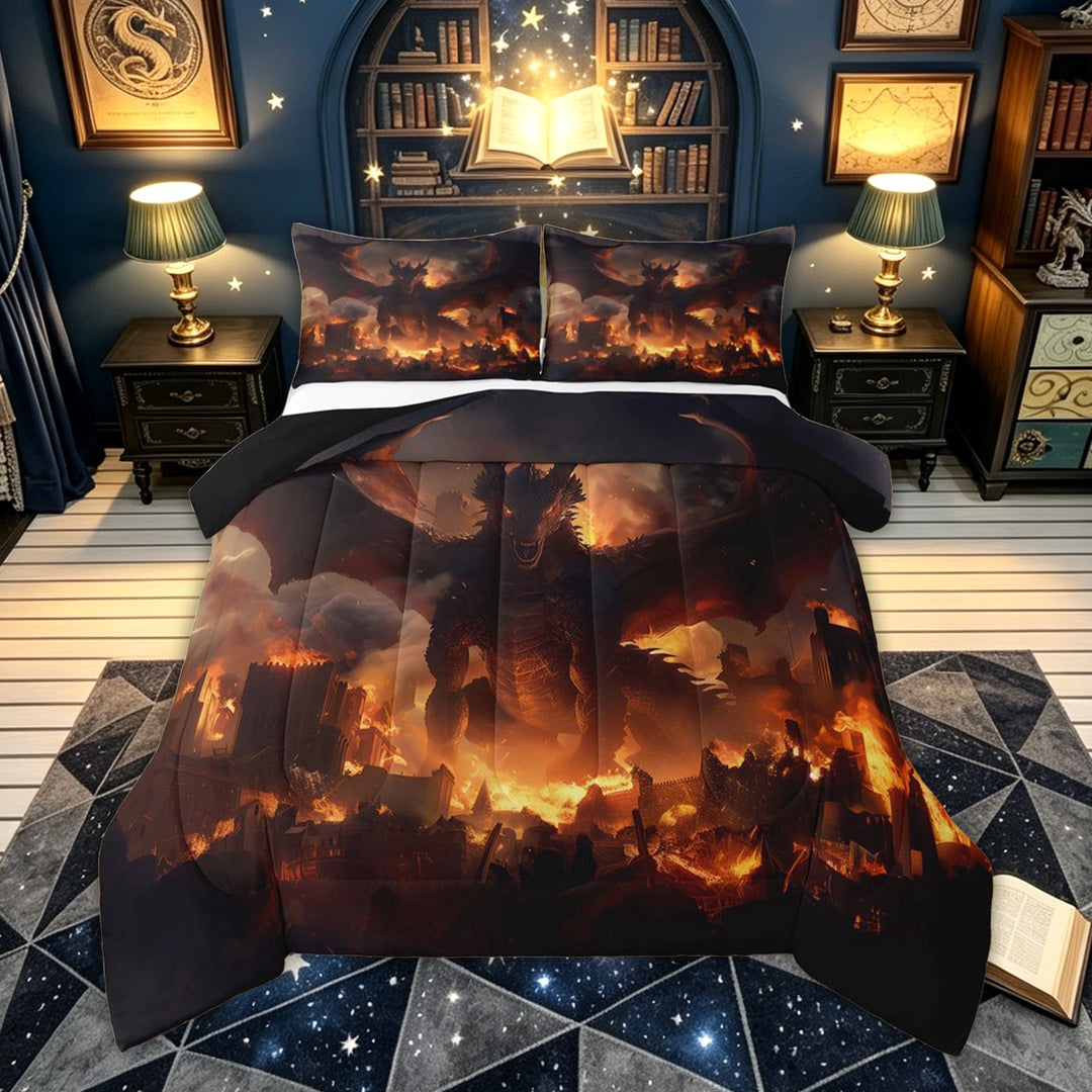 meiyoeat Ancient Flame Dragon Full Size Comforter Sets for Kids Boys Girls, Cartoon Magical Animal Bedding Comforter Set, Black Orange, Black Reversible, 3-Piece, 1 Comforter and 2 Pillowcases