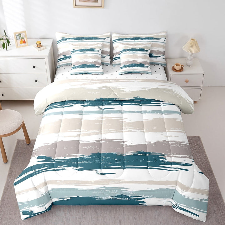 Erosebridal Oil Painting Bedding Queen Size,Minimalism Art Comforter Sets with Sheets,Green Brown White Bedding Sets Queen Size,Lightweight Bedroom Decoration Reversible,7pcs