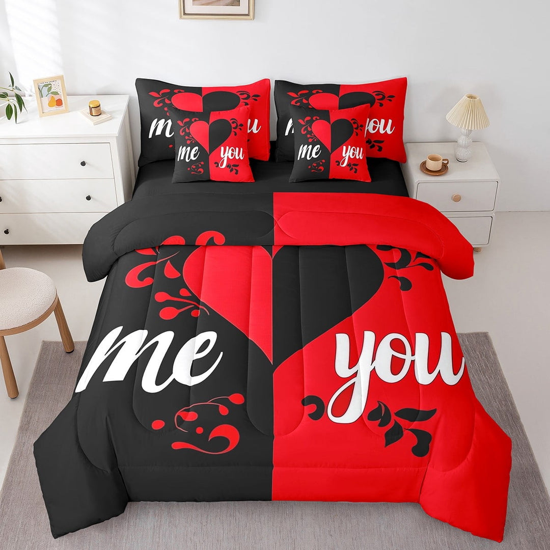 Erosebridal 7Pcs Love Heart Comforter Set Full Size, Black Red Bedding Set For Couple, Great Valentines Day Comforter + Flat Sheet + Fitted Sheet + 2 Pillowcases + 2 Throw Pillow Covers