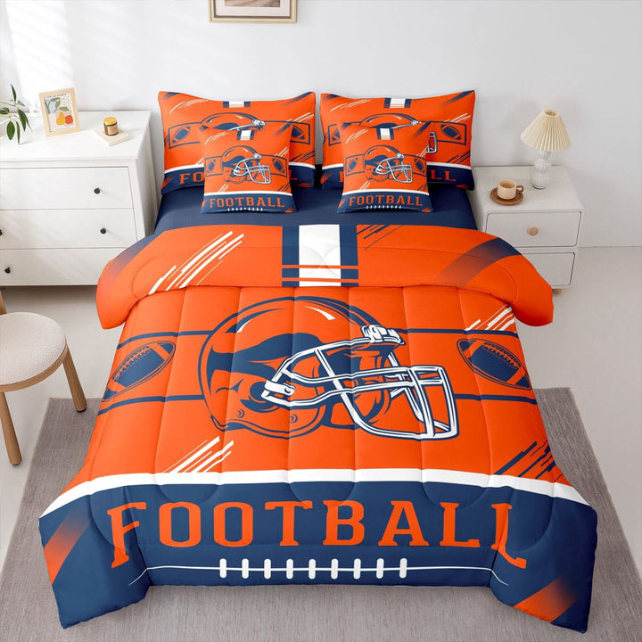 Erosebridal Football Helmet Print Bedding Sets Twin Size, Sports Theme Comforter Sets with Sheets , Denver, Orange Navy, Breathable 7 Pieces