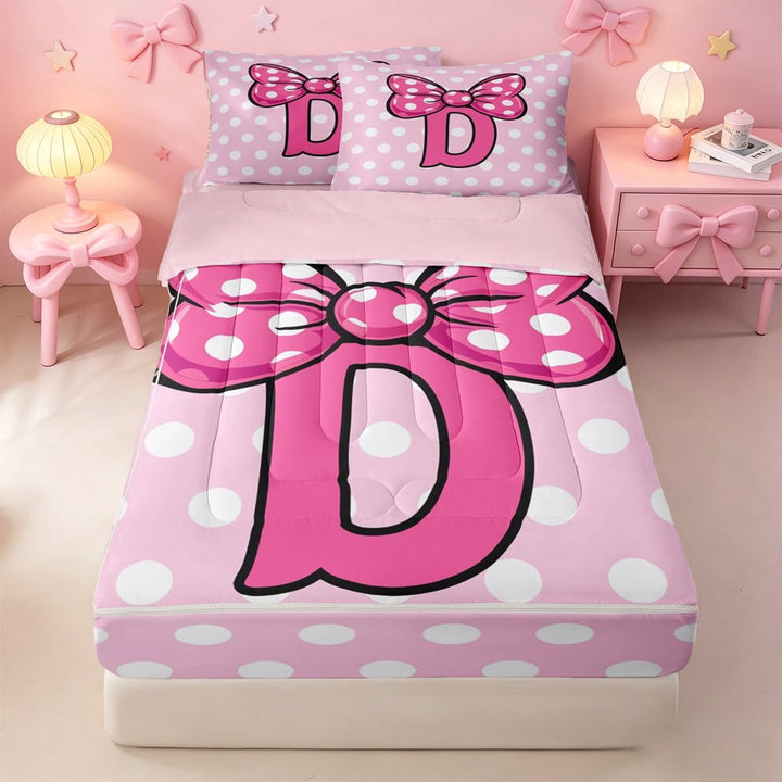 meiyoeat Polka Dot Bow Monogrammed D Zipper Full Size Comforter Sets with Fitted Sheet and 2 Pillowcases For Girls,Pink Cute Initial Design Zipper Bedding Set,Pink Reversible,4 Pieces