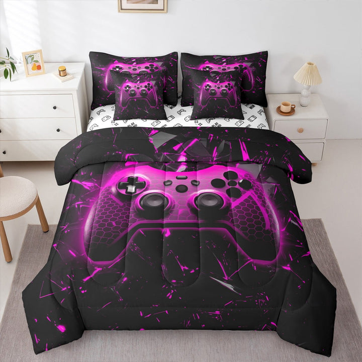 Gamepad 7Pcs Comforter Set Twin Size,Geometric Honeycomb Bedding Set,Video Games Fitted Flat Sheet Teens Men Bedroom Decor,Modern Black Rose Gaming Reversible 2 Throw Pillow,2 Pillowcases
