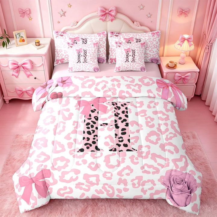 Erosebridal Safari Cheetah Print 7-Piece Twin Bedding Sets For Kids,Pink Dreamy Bowknot Letter H Monogram Bedding Comforter Set,Pink Reversible