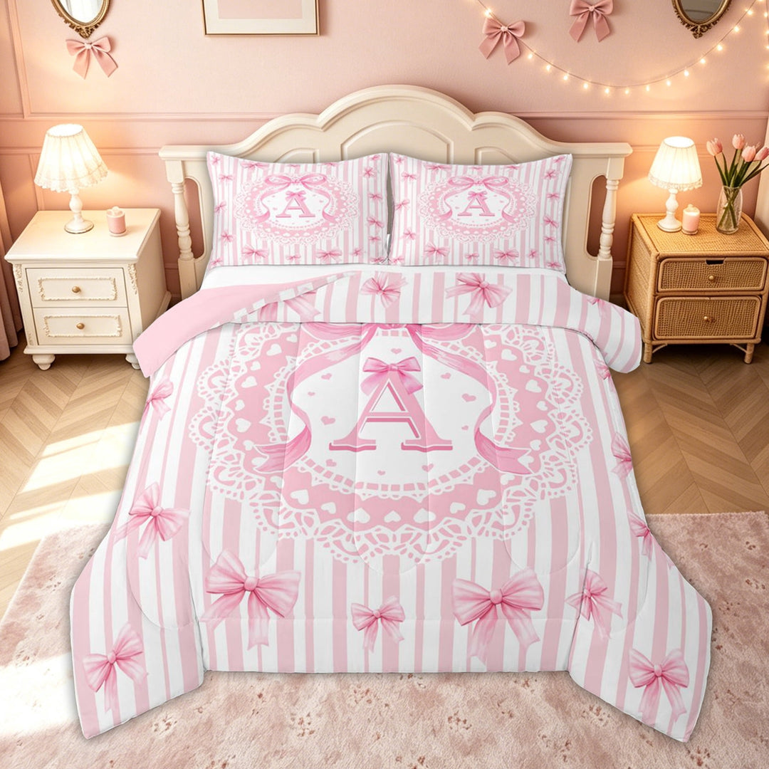 meiyoeat Preppy Letter A Full Size Comforter Sets for Kids Girls, Princess Bow Lace Bedding Comforter Set for Bedroom, Pink White, Pink Reversible, 3-Piece