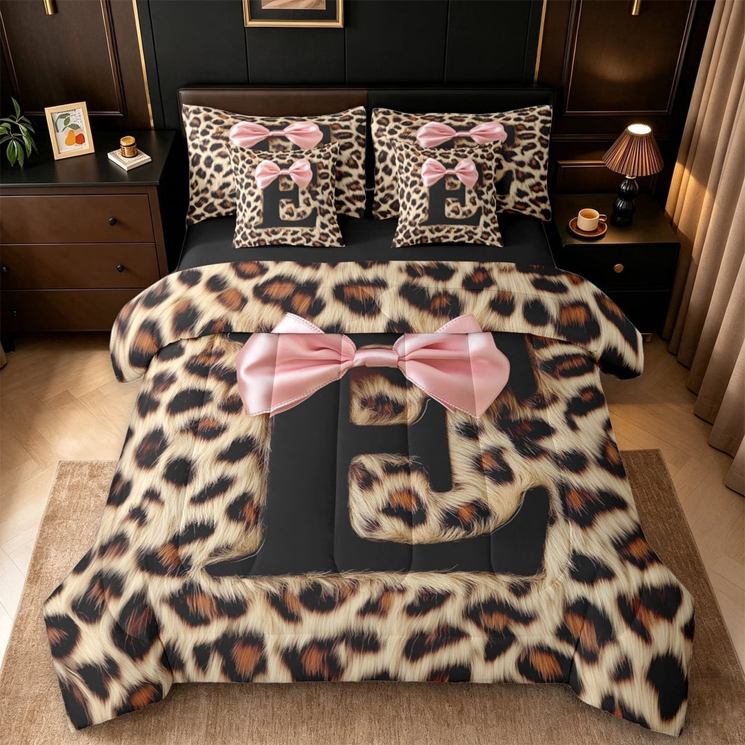 Erosebridal Fashion Women Cheetah Print 7-Piece Twin Bedding Sets For Kids,Letter E Initial Monogram Bedding Comforter Set,Black Reversible