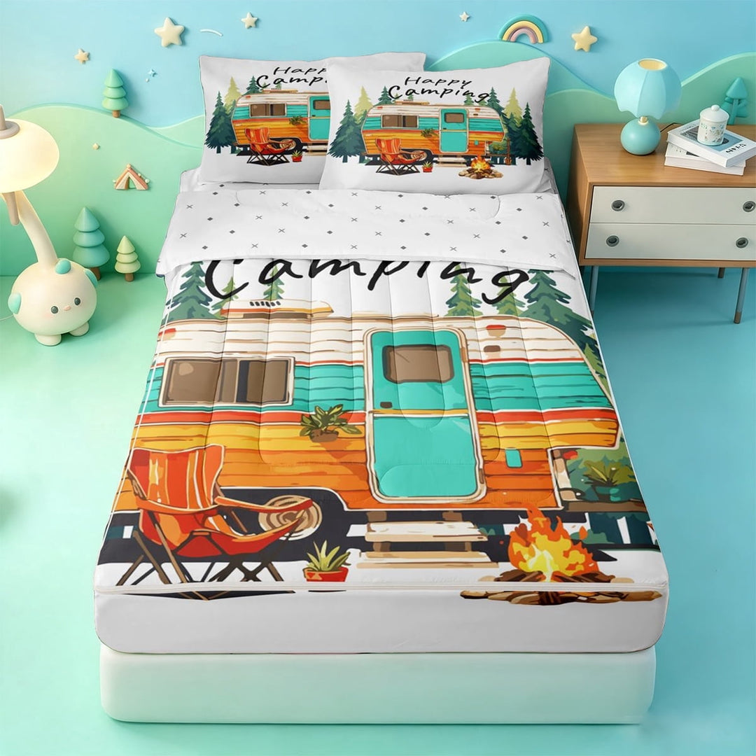 meiyoeat Retro Camping Zipper Full Size Comforter Sets with Fitted Sheet and 2 Pillowcases,Camper Print Zipper Bedding Set For Boys,Multicolor,Reversible,4 Pieces