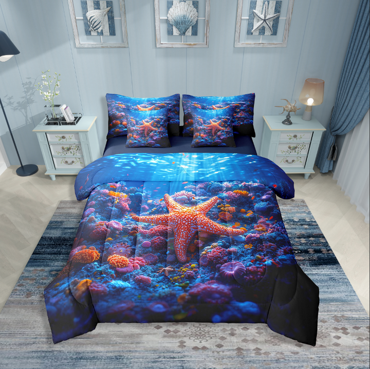 Erosebridal Sea Starfish Bedding Sets Twin Size,Marine Wildlife Comforter Sets with Sheets,Underwater World Decor,Reversible,Breathable,7-Piece