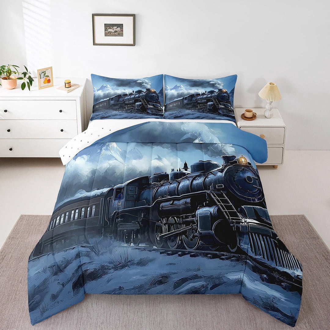 Erosebridal Black Train Bedding Sets Full with Comforter, Steam Engine Duvet Insert, Black Blue, 3 Pieces, Reversible