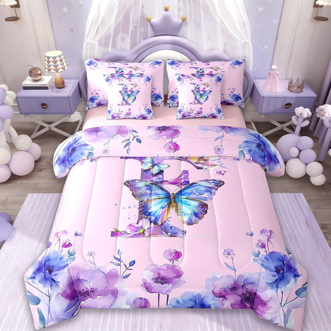Erosebridal Butterfly Bedding Sets Twin Size,Personalized Letter F Comforter Sets with Sheets,Pink Purple Flower Bed in a Bag Twin Size For Girl,Microfiber Room Decoration Reversible,7-Piece
