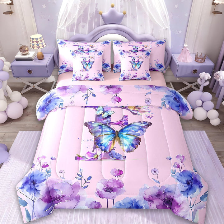 Erosebridal Butterfly Bedding Sets Twin Size,Personalized Letter F Comforter Sets with Sheets,Pink Purple Flower Bed in a Bag Twin Size For Girl,Microfiber Room Decoration Reversible,7-Piece