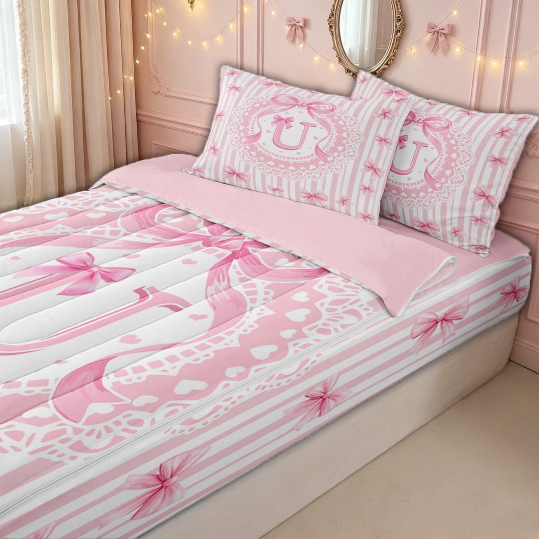 meiyoeat Pink U Monogram Zipper Twin Comforter Sets with Fitted Sheet and 2 Pillowcases for Kids Girls, Princess Bow Lace Zipper Bedding Set for Bedroom, Pink ReversibleG