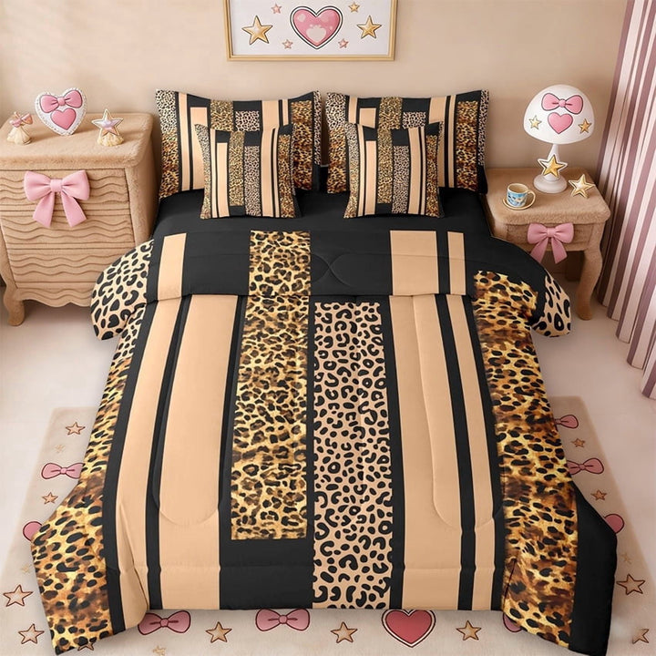 Erosebridal Girls Woman Leopard 7-Piece Twin Bedding Sets,Wild Animal Cheetah Print Bedding Comforter Set For Kids,Reversible Black