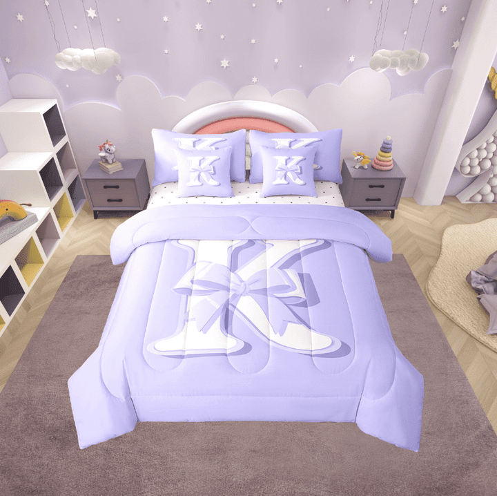 Erosebridal Purple Bowknot Bedding Sets Twin Size, Initial Letter K Comforter Sets with Sheets, Cartoon Monogrammed Reversible Bed Set, Breathable Bedroom Decorative, 7pcs