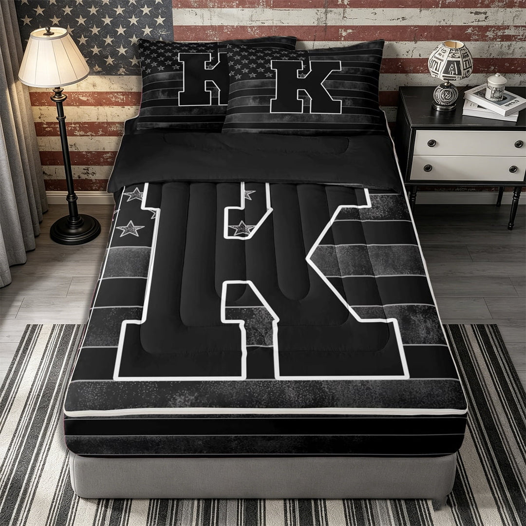 Meiyoeat Grunge US Flag Letter K Zipper Full Size Comforter Sets with Fitted Sheet and 2 Pillowcases for Men Preschoolers, Cool Art Zipper Bedding Set for Decor,4pcs,Black Reversible