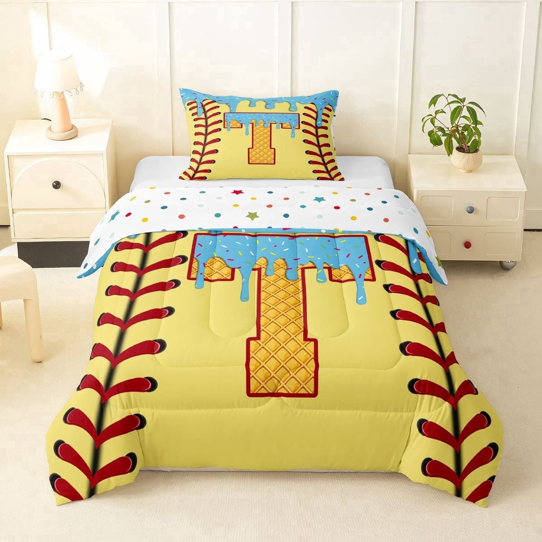 Erosebridal Light Blue Dripping Baseball Stitch &amp; Waffle Letter T Graphic Twin Comforter Sets 3-Piece, Alphabet Graphic Bedding Set for Boys And Girls Kids,Breathable Home Decor