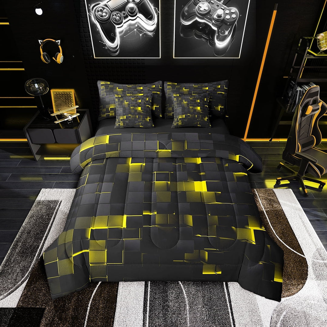 Abstract Geometric Twin Comforter Set 7 Pcs Abstract Black Yellow Check Bedding Set Stereoscopic Grid Plaid Bed in a bag Glowing Neon Light Square Bed Set With Sheets