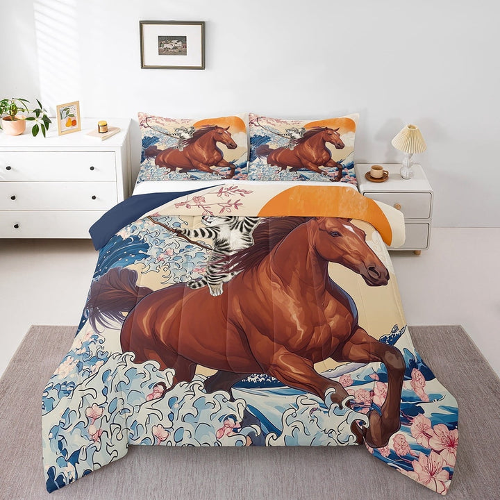 Funny Anime Bedding Twin Size Cat Riding Horse Comforter Set Twin, Japanese Cherry Blossoms Duvet Insert Ocean Animal Wildlife Quilt Comforter, Sea Wave Bedding Comforters &amp; Sets
