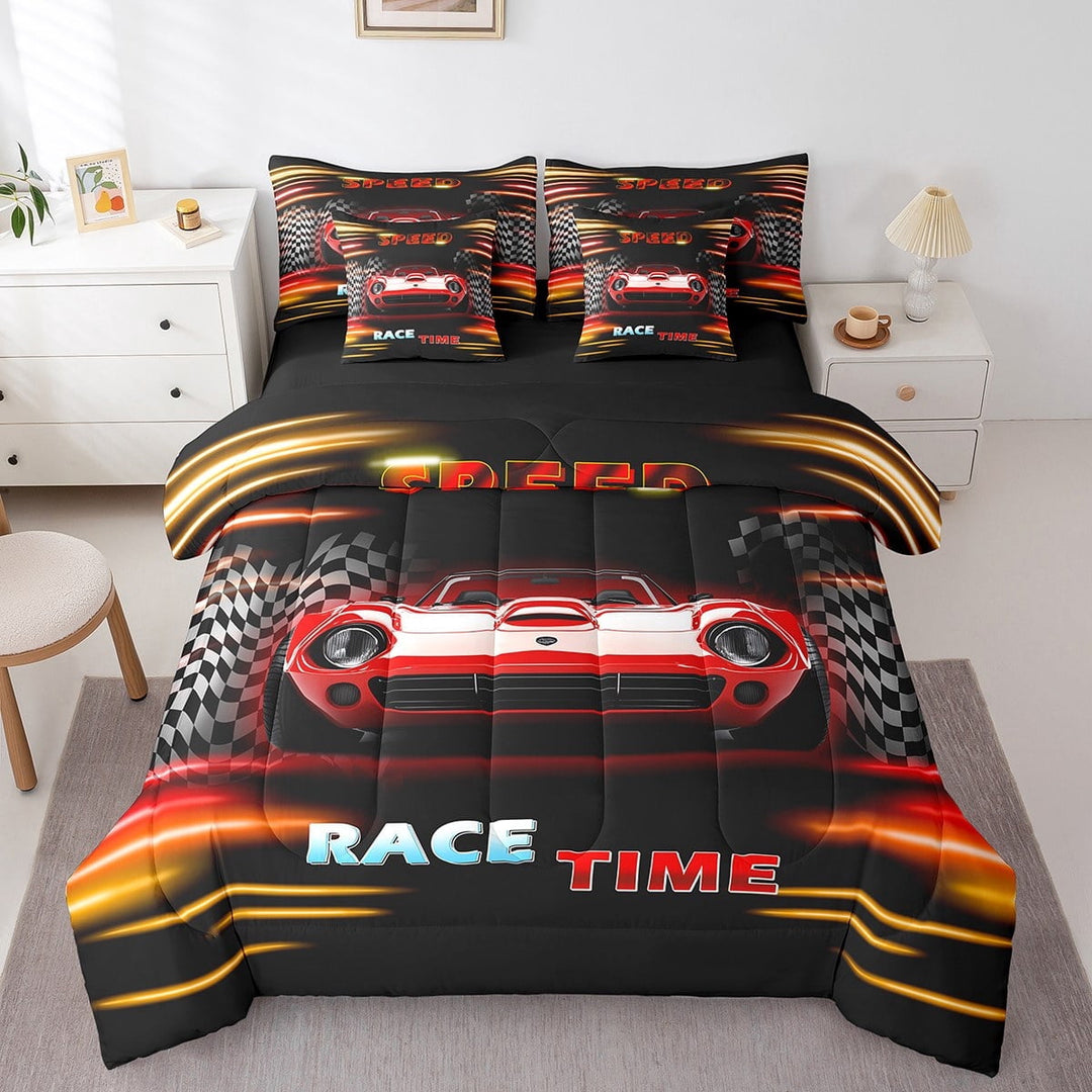 Erosebridal Fast Car Bedding Sets Twin Size,Orange Red Comforter Sets with Sheets,Car Theme Bed in a Bag Twin size,Microfiber Geometric Room Decorative,Reversible,7pcs