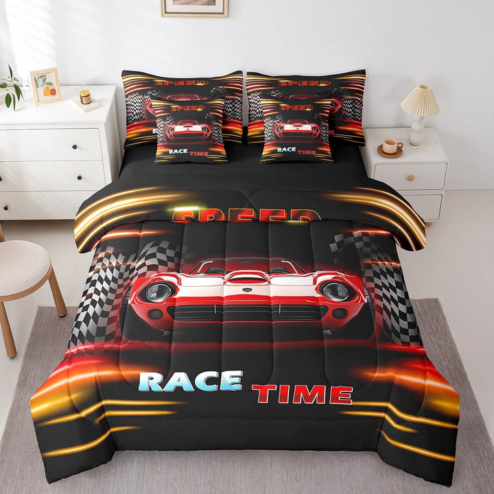 Erosebridal Fast Car Bedding Sets Twin Size,Orange Red Comforter Sets with Sheets,Car Theme Bed in a Bag Twin size,Microfiber Geometric Room Decorative,Reversible,7pcs