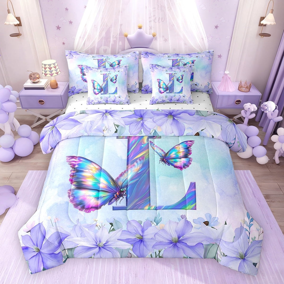 Erosebridal Purple Butterfly Twin Bedding Sets for Girls, Garden Flower Floral Bedding Comforter Set, Monogrammed L, Reversible, 7-Piece