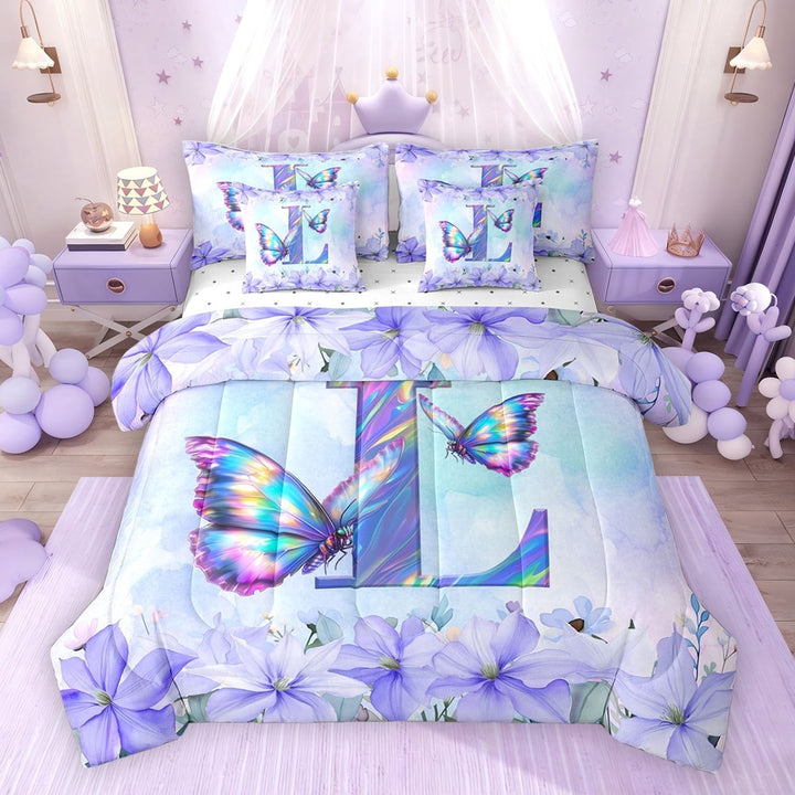 Erosebridal Purple Butterfly Twin Bedding Sets for Girls, Garden Flower Floral Bedding Comforter Set, Monogrammed L, Reversible, 7-Piece