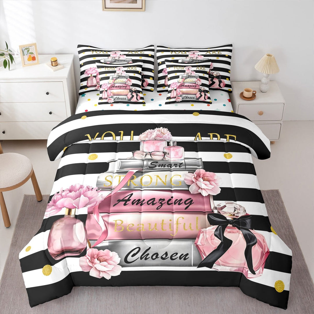 Erosebridal Cosmetics Perfume Bedding Queen Size,Pink Flower Bed Set,Black Geometric Stripes Bedding Sets Queen Size For Girls,Super Cozy Room Decor Reversible,7pcs