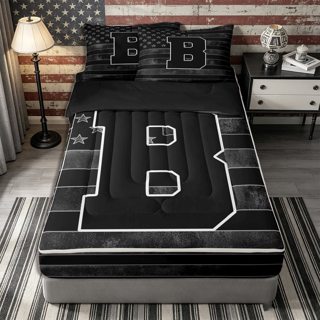 Meiyoeat Distressed US Flag Letter B Zipper Full Size Comforter Sets with Fitted Sheet and 2 Pillowcases for Men Teens, Bold Initial Zipper Bedding Set, Black Gray White,4pcs,Black Reversible