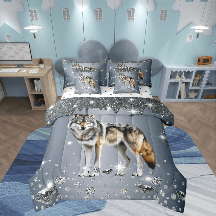 Wolf Comforter Set 7 Piece Bed in a Bag Twin,Sliver Sequin Fluid Art Comforter and Sheet Set,Crystal Diamond Bedding Set,Woodland Animals Bed Set Jungle Wildlife Room Decor