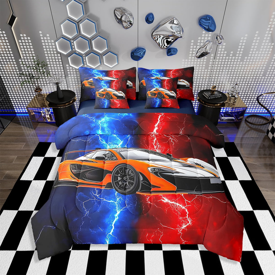 Erosebridal 7 Pieces Bed in a Bag Twin Bedding Set with Sheets,Racing Car Comforter Sets for All Season,1 Comforter,2 Cushion Cases,1 Flat Sheet,1 Fitted Sheet,2 Pillowcases