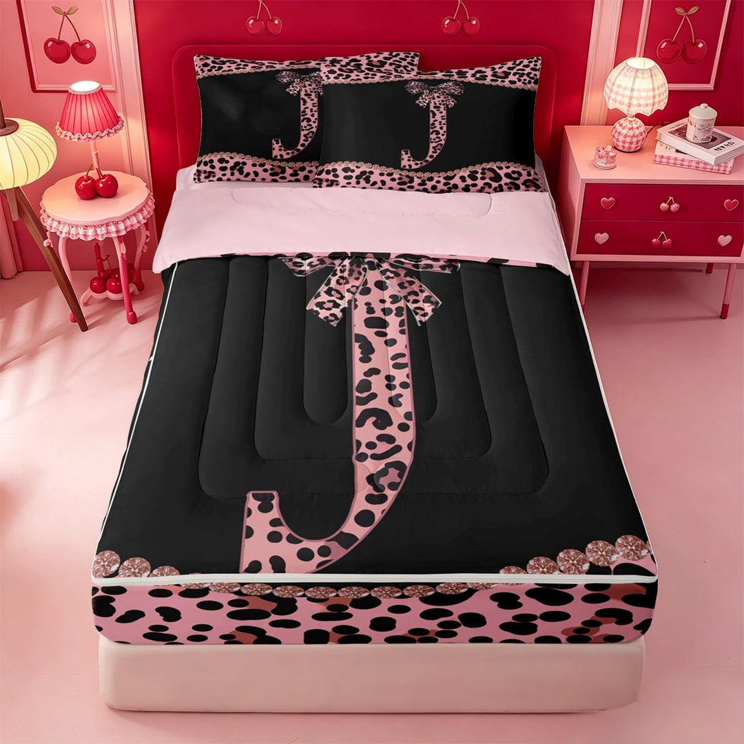 meiyoeat Girly Leopard Bowknot Zipper Full Size Comforter Sets with Fitted Sheet and 2 Pillowcases For Bow Lover,Pink Cheetah Print Monogrammed J Theme Zipper Bedding Set,4 Pieces