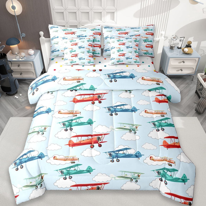 Erosebridal Colorful Cartoon Airplane 7-Piece Twin Bedding Sets,Multicolor Aircraft Theme Bedding Comforter Set For Boys Kids,Reversible