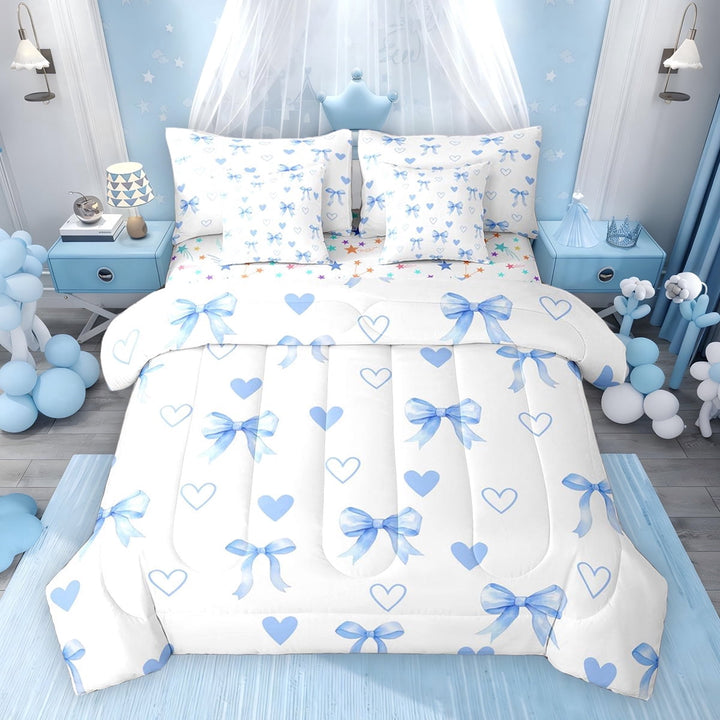 Erosebridal Girls Bow-Tie Twin Bedding Sets, Kawaii Love Hearts Bedding Comforter Set, White Blue, Colorful Stars Reversible, 7pcs