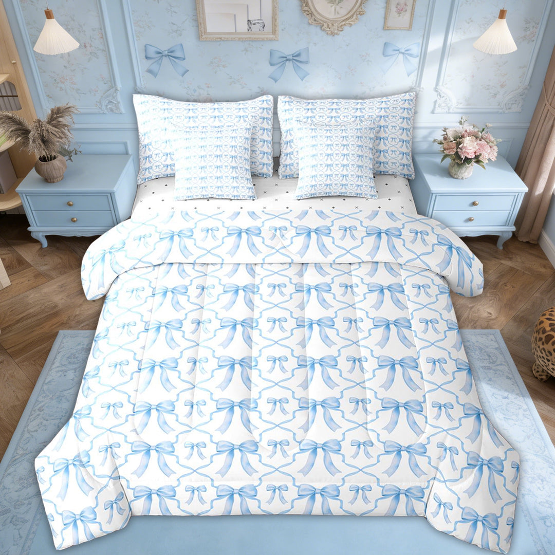 Erosebridal Blue White Bow Bed In A Bag 7 Pcs Cute Bowknot Full Bedding Set,Watercolor Ribbon Bow Tie Comforter Set Geometric Girls Bow Bedding Comforter Sets