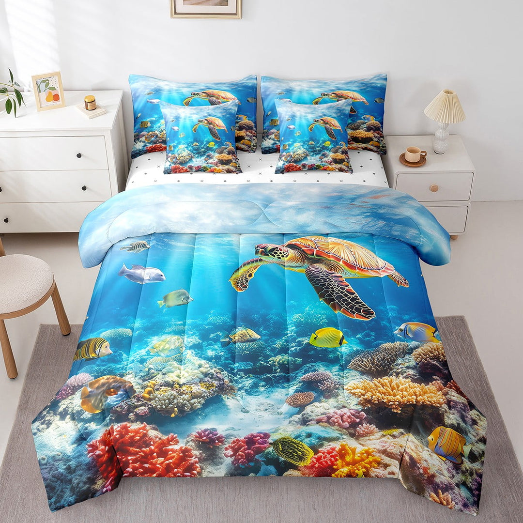 Erosebridal Sea Turtle Comforter Set Twin Size 7 Pieces Fish Marine life Sealife Bedding Set Underwater Animal Pattern Bed in a Bag with Comforter,Sheets