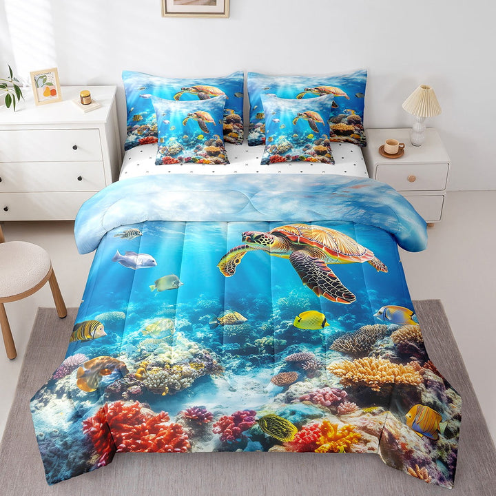 Erosebridal Sea Turtle Comforter Set Twin Size 7 Pieces Fish Marine life Sealife Bedding Set Underwater Animal Pattern Bed in a Bag with Comforter,Sheets