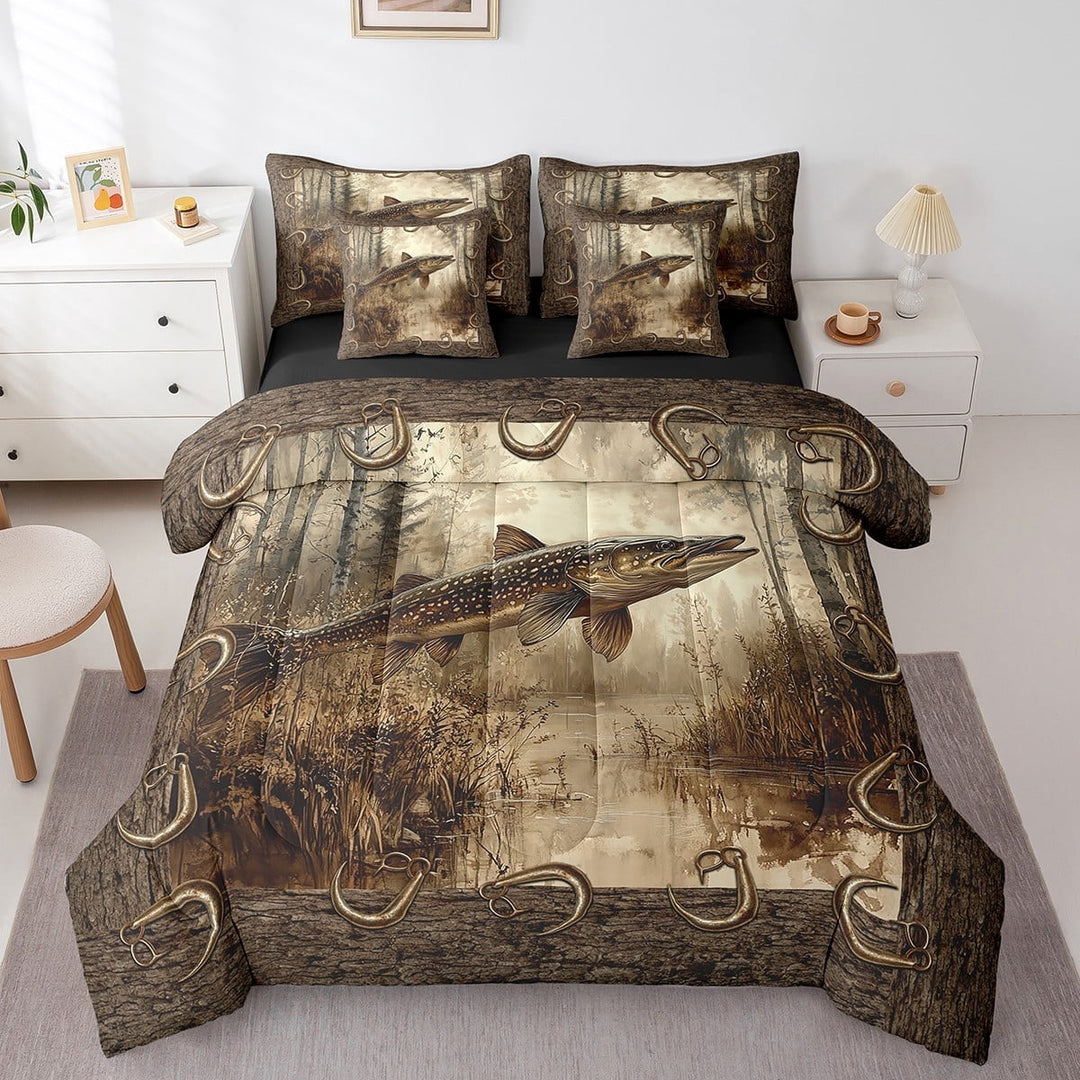 Erosebridal 7 Piece Bed in a Bag Queen Size Comforter Set Fishing Bedding Set,Rustic Bass Fish Reversible Bed Set,Farmhouse Comforter with Sheet Set,All Season