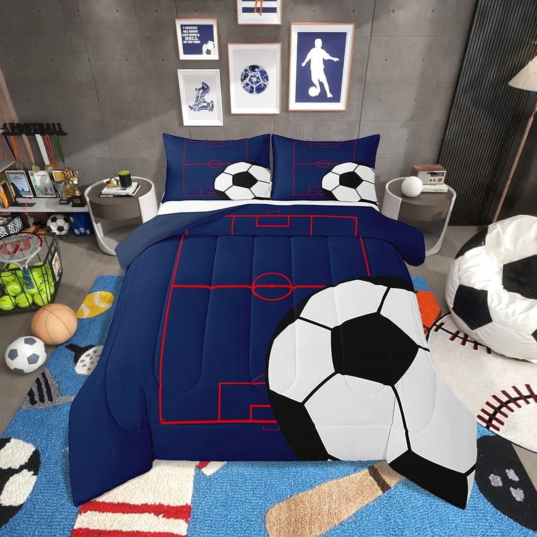Football Bedding Set Full Size Soccer Comforter&amp;nbsp;Set Teens,Sports Theme Down Comforter Blue Red Ball Gaming Quilt Bed Set Football Bedroom Decor with 2 Pillowcases