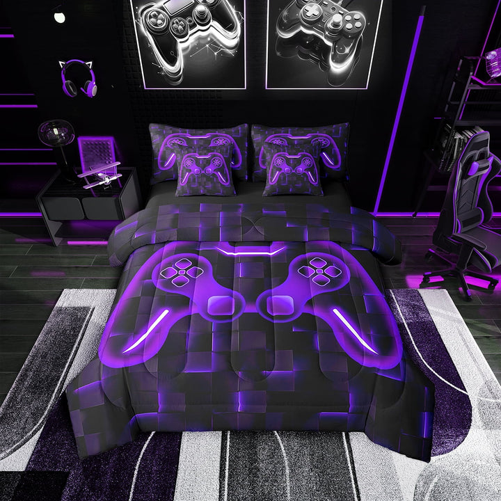 Erosebridal Gaming Gamer Bedding Sets Twin Size 7 Pieces for Teen, Futuristic Cubes Bed in a Bag, Reversible