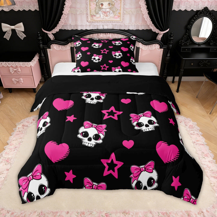 Erosebridal Pink Bow Sugar Skull Twin Comforter Sets for Girls, Love Heart Stars Bedding Set, Black Reversible, 2-Piece