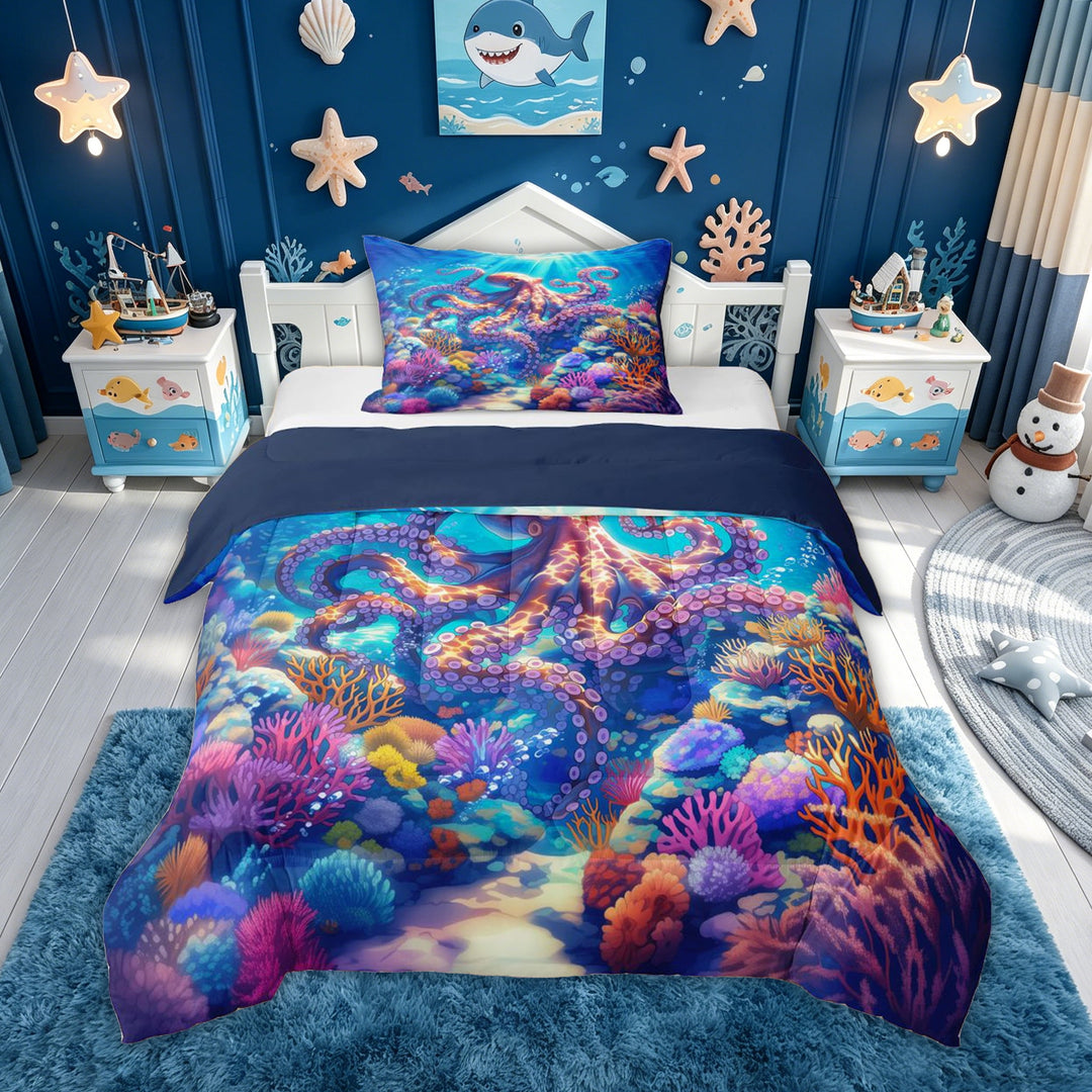 meiyoeat Sea Reef Octopus Full Size Comforter Sets for Kids Boys Girls, Cartoon Ocean Animal Bedding Comforter Set, Blue, Blue Reversible, 3-Piece, 1 Comforter and 2 Pillowcases