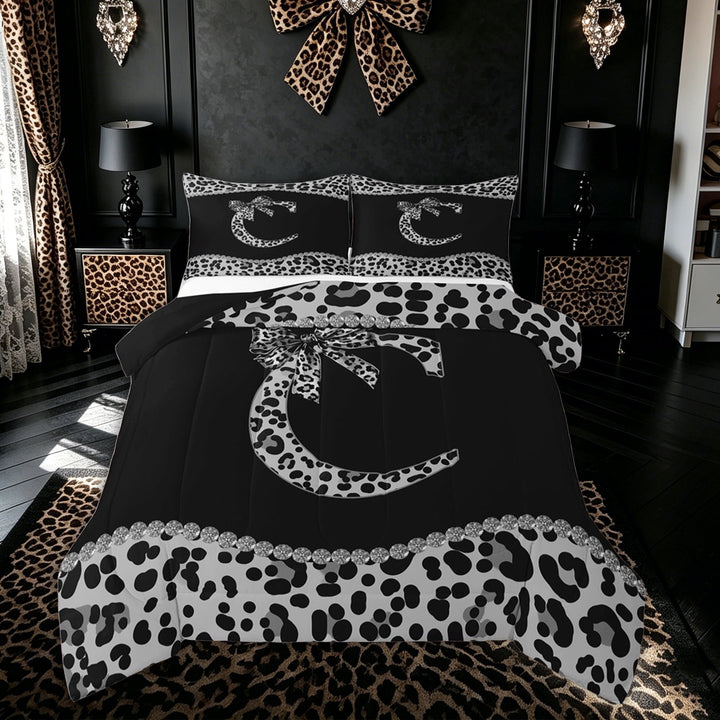 Meiyoeat Chic Bling Leopard Print Bow King Size Comforter Sets for Female Kids, Black White Bowknot C Letter Bedding Sets, Black Reversible, 3 Pieces