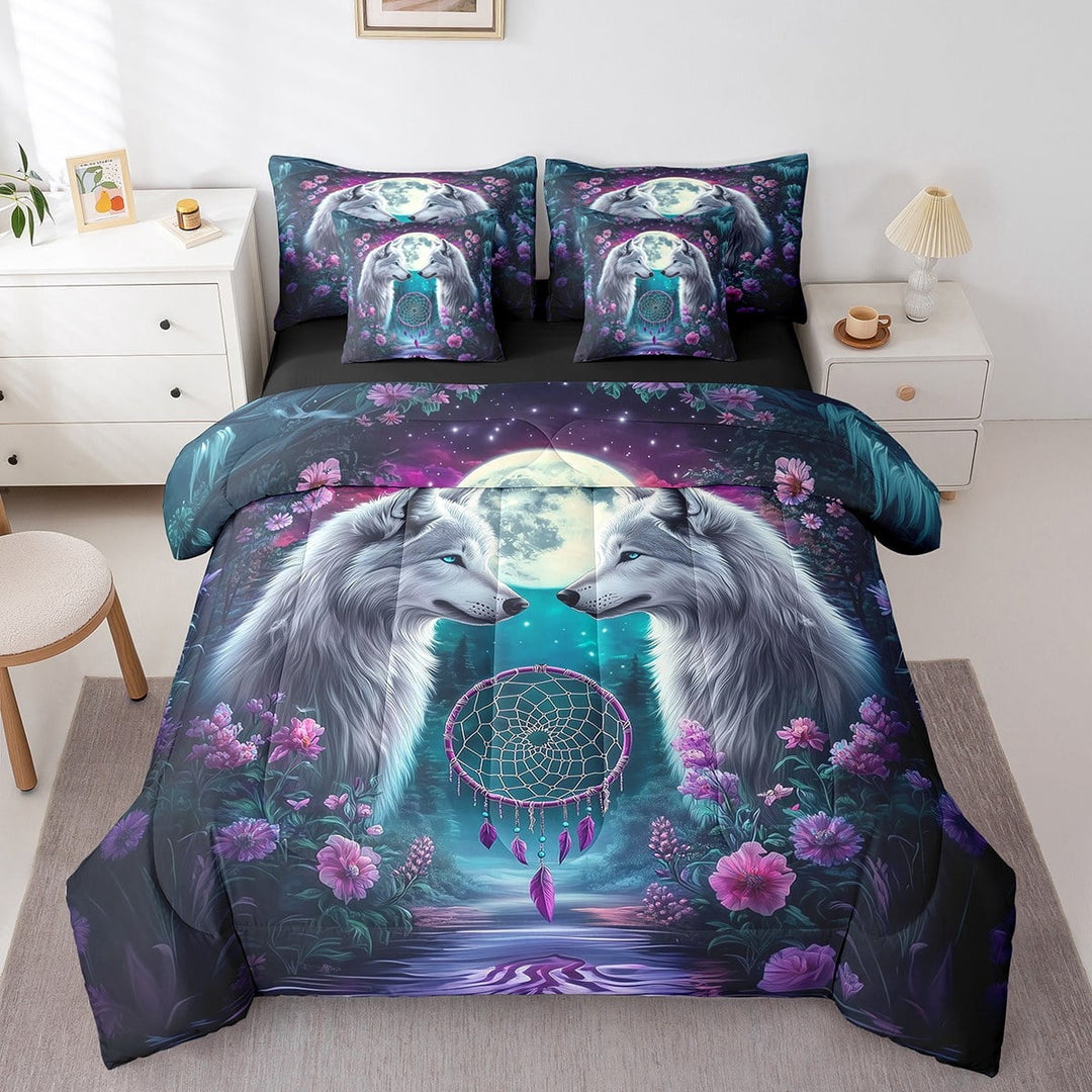 Erosebridal Jungle Wolf Bed in a Bag Twin size, Moon Starry Sky Bed Set, Tribal Dream Catcher Decor, Reversible