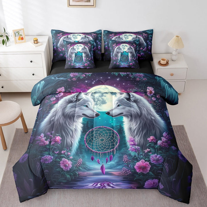 Erosebridal Jungle Wolf Bed in a Bag Twin size, Moon Starry Sky Bed Set, Tribal Dream Catcher Decor, Reversible