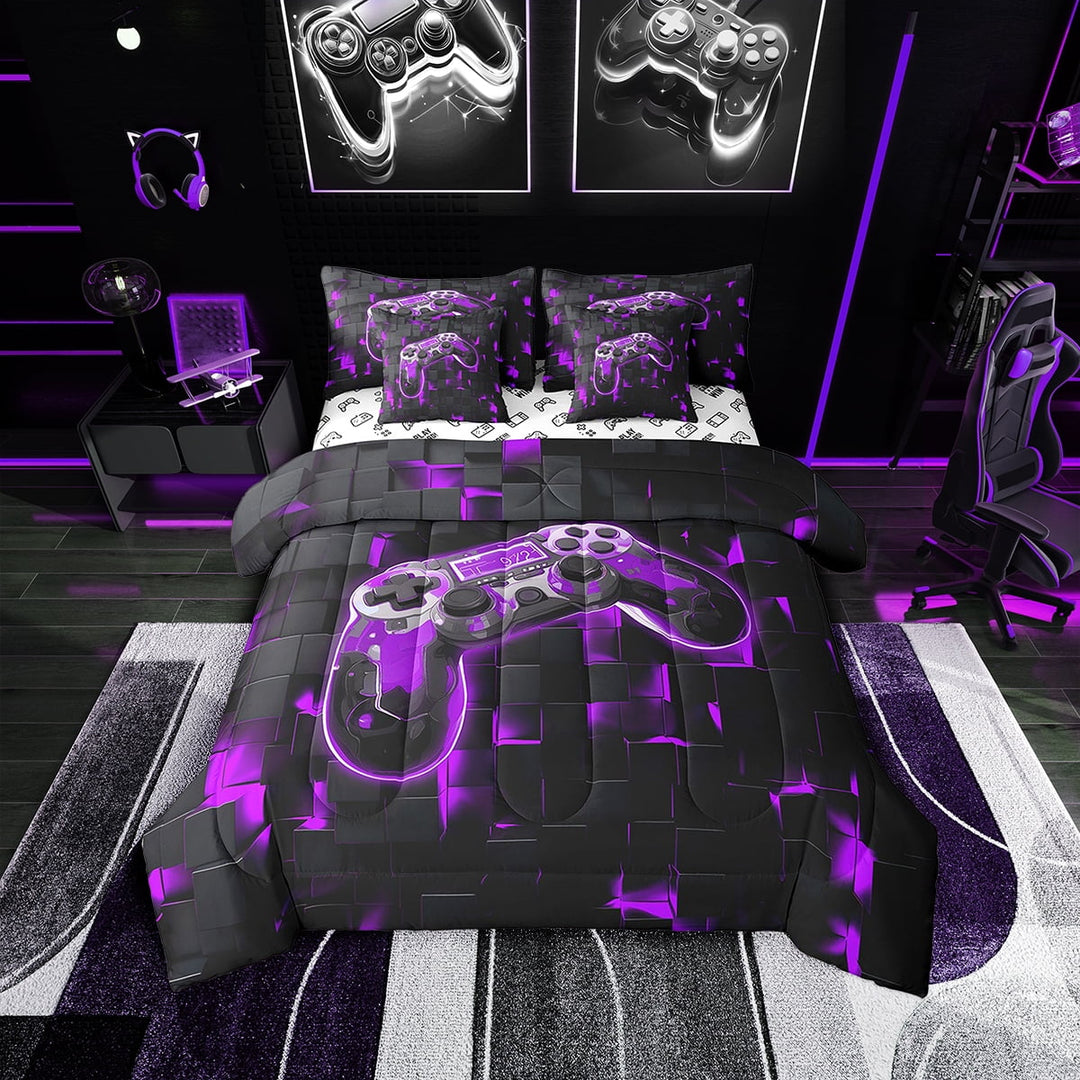 Bedding Set 7-Piece Twin Size Game Console Comforter Set 3D Geometry Gamepad Gaming Comforter Bed in Bag(1 Comforter, 1 Flat Sheet 1 Fitted Sheet 2 Pillowcases 2 Throw Pillow Covers)