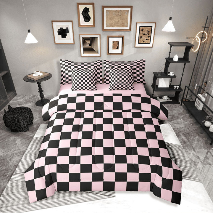 Erosebridal Teens Lattice Checkerd Bedding Sets Twin Size,Buffalo Plaid Comforter Sets with Sheets,Teens Bedroom Decor,Reversible,Breathable,7-Piece