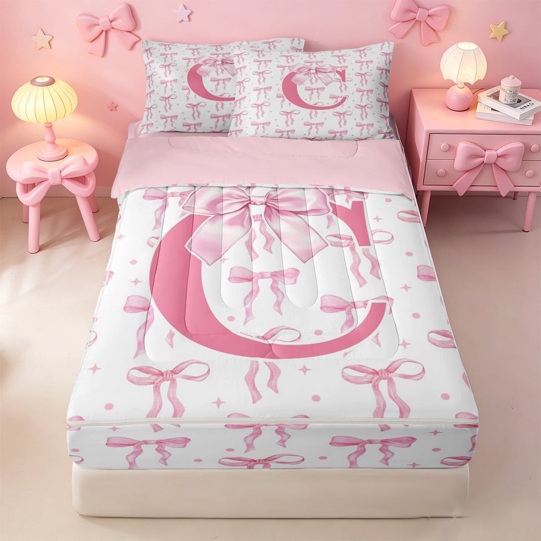 meiyoeat Pink Ribbon Bow Zipper Full Size Comforter Sets with Fitted Sheet and 2 Pillowcases For Bowknot Lovers,Girls Personalized Monogrammed C Gifts Zipper Bedding Set Kids,pink Reversible,4-Piece