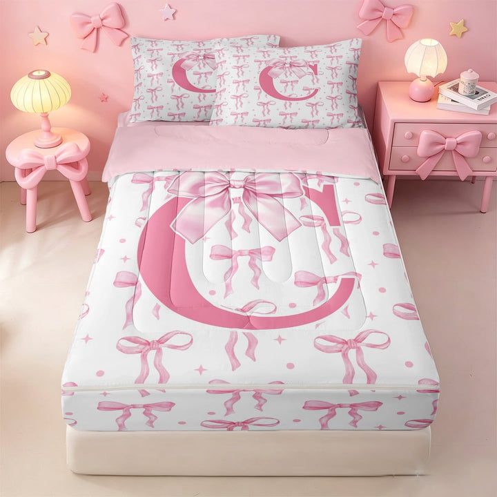 meiyoeat Pink Ribbon Bow Zipper Full Size Comforter Sets with Fitted Sheet and 2 Pillowcases For Bowknot Lovers,Girls Personalized Monogrammed C Gifts Zipper Bedding Set Kids,pink Reversible,4-Piece