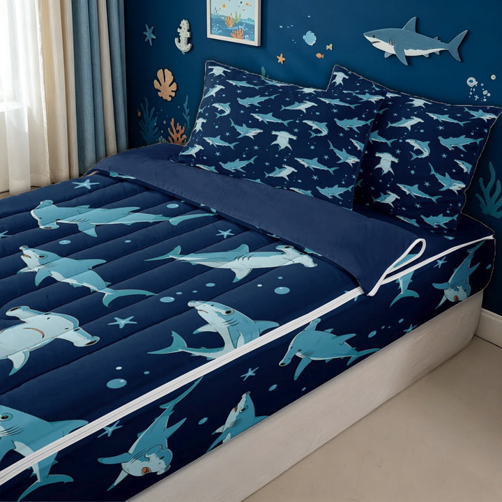 meiyoeat Navy Hammerhead Shark Zipper Full Size Comforter Sets with Fitted Sheet and 2 Pillowcases for Kids Boys, Bubbles Starfish Stars Zipper Bedding Set for Bedroom, Blue ReversibleB